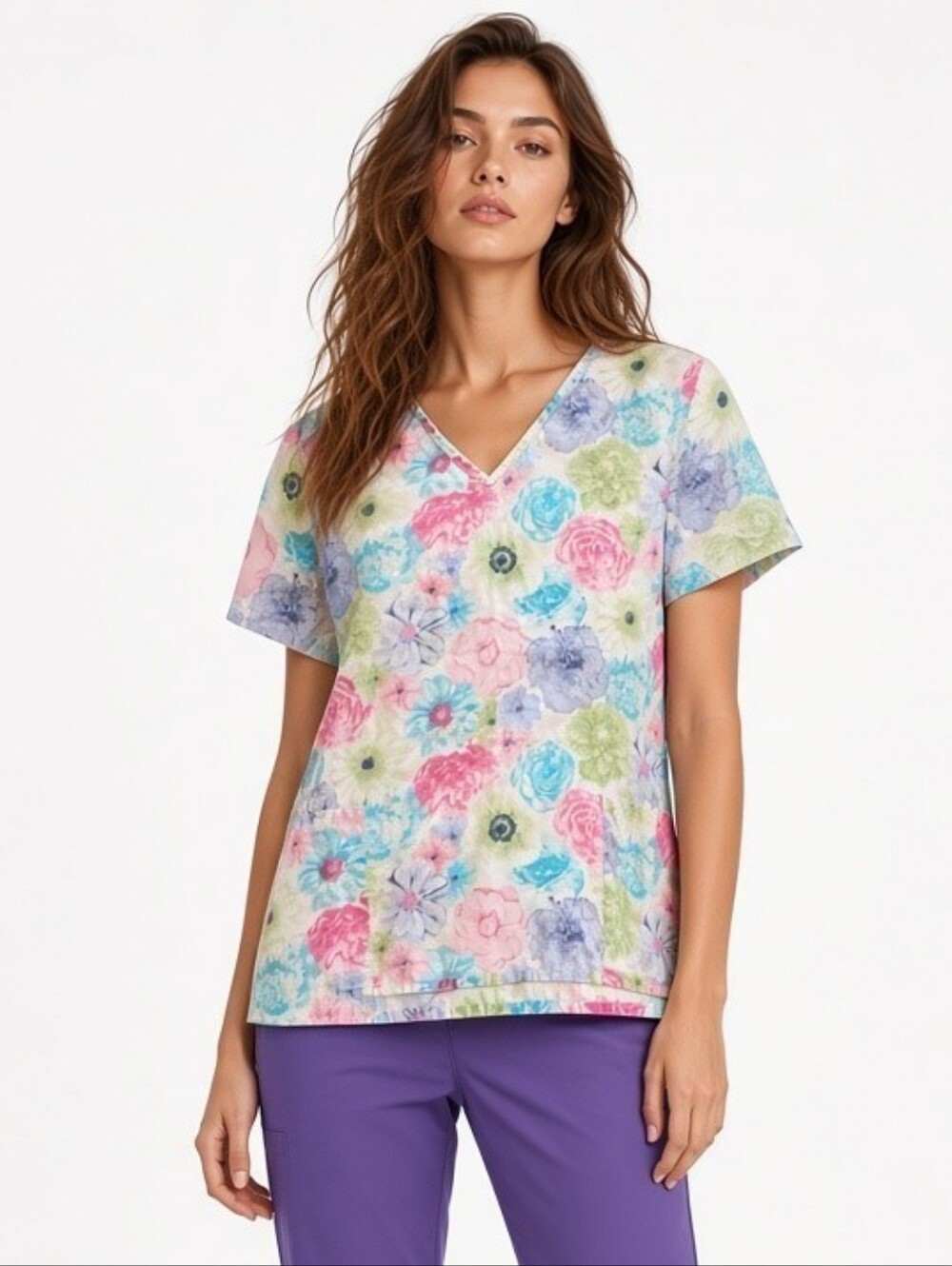 SB Scrubs Pastel Floral V-Neck Women’s Scrub Top, 3 Front Pockets, Vents, EUC XL